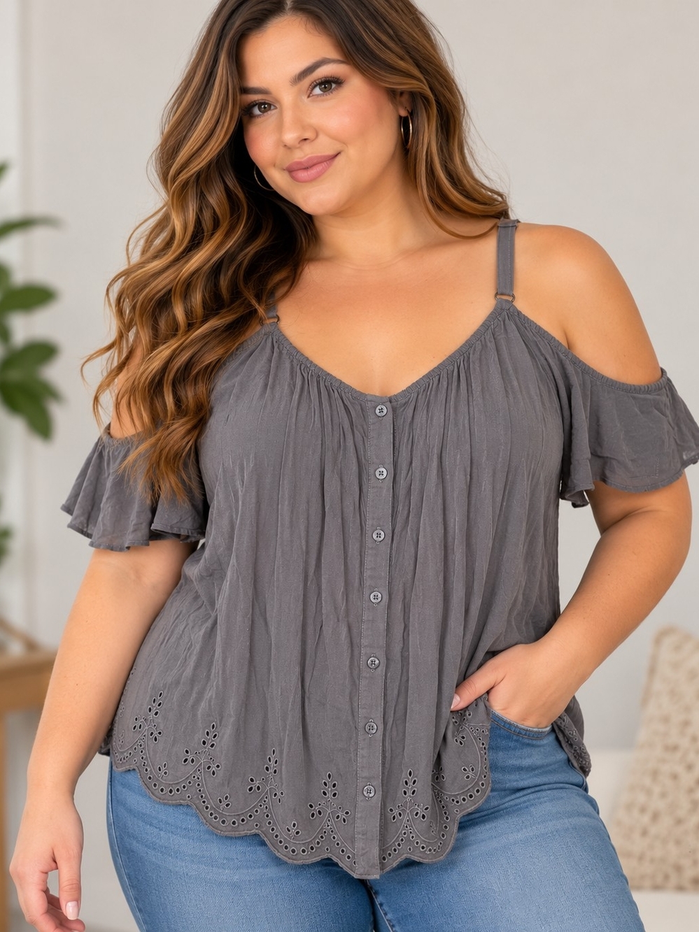 Torrid Size 1 Gray Cold Shoulder Button Front Eyelet Embroidered Top